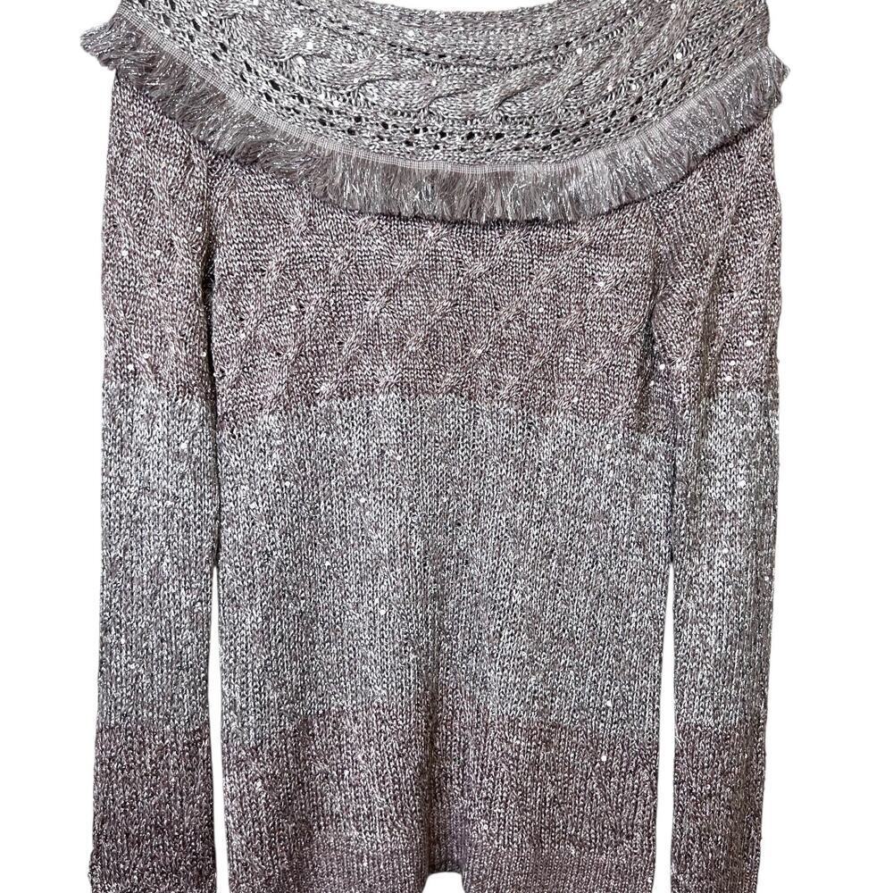 WHBM Sequin Knit Boat Neck Sweater in Taupe with Gold Metallic Knit Women’s XS - Picture 4 of 9